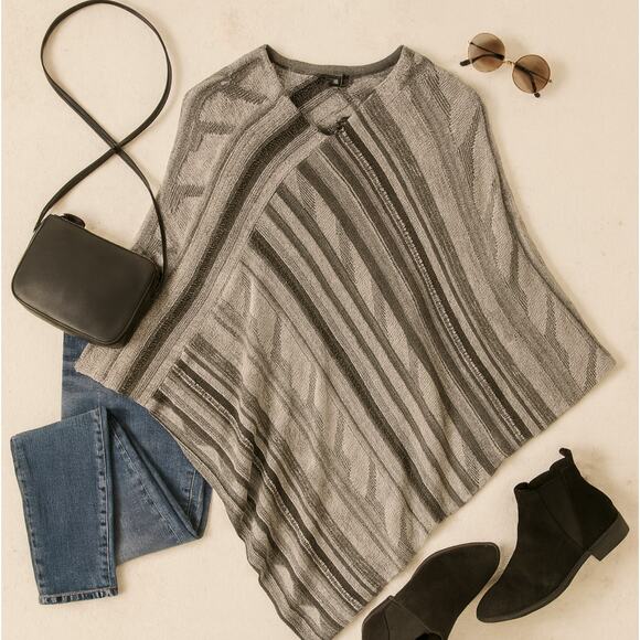 Lauren Ralph Lauren Gray Knit Poncho Southwest Cotton Linen Asymmetrical S/M - Picture 2 of 9